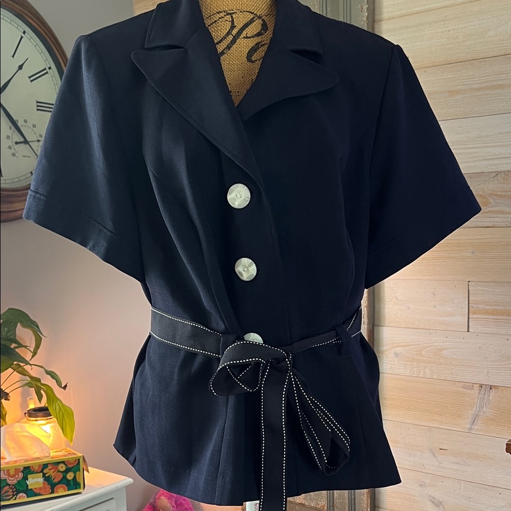 Studio I Navy Short-Sleeve Blazer with Contrast Stitch Tie Belt